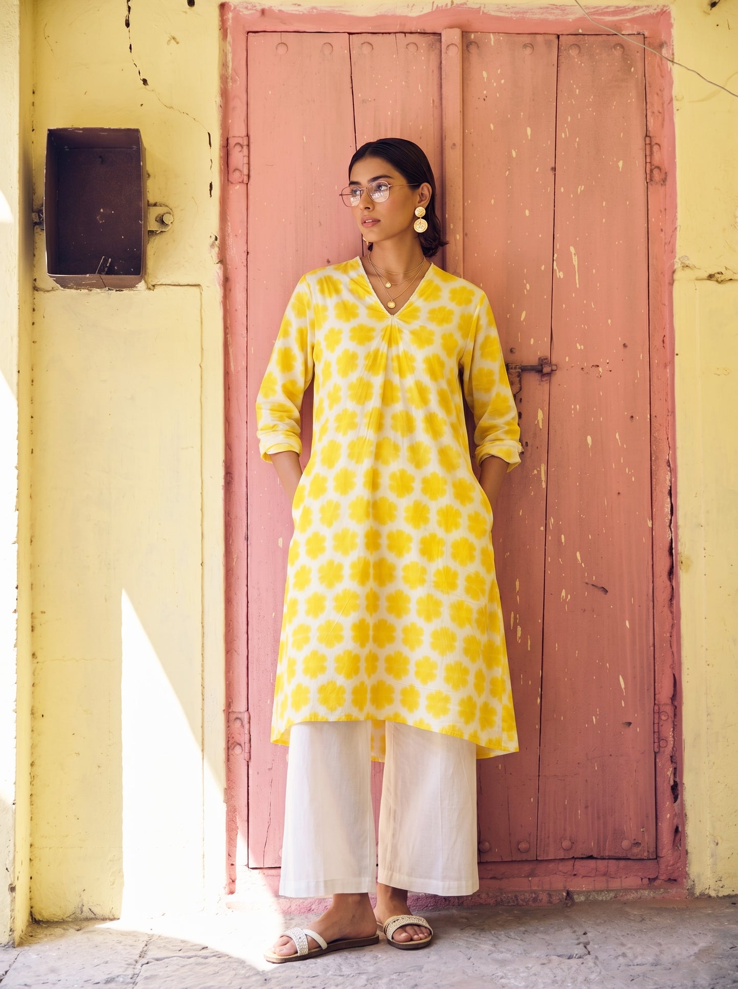 BAHAR– Yellow Printed A-Line Kurta Set