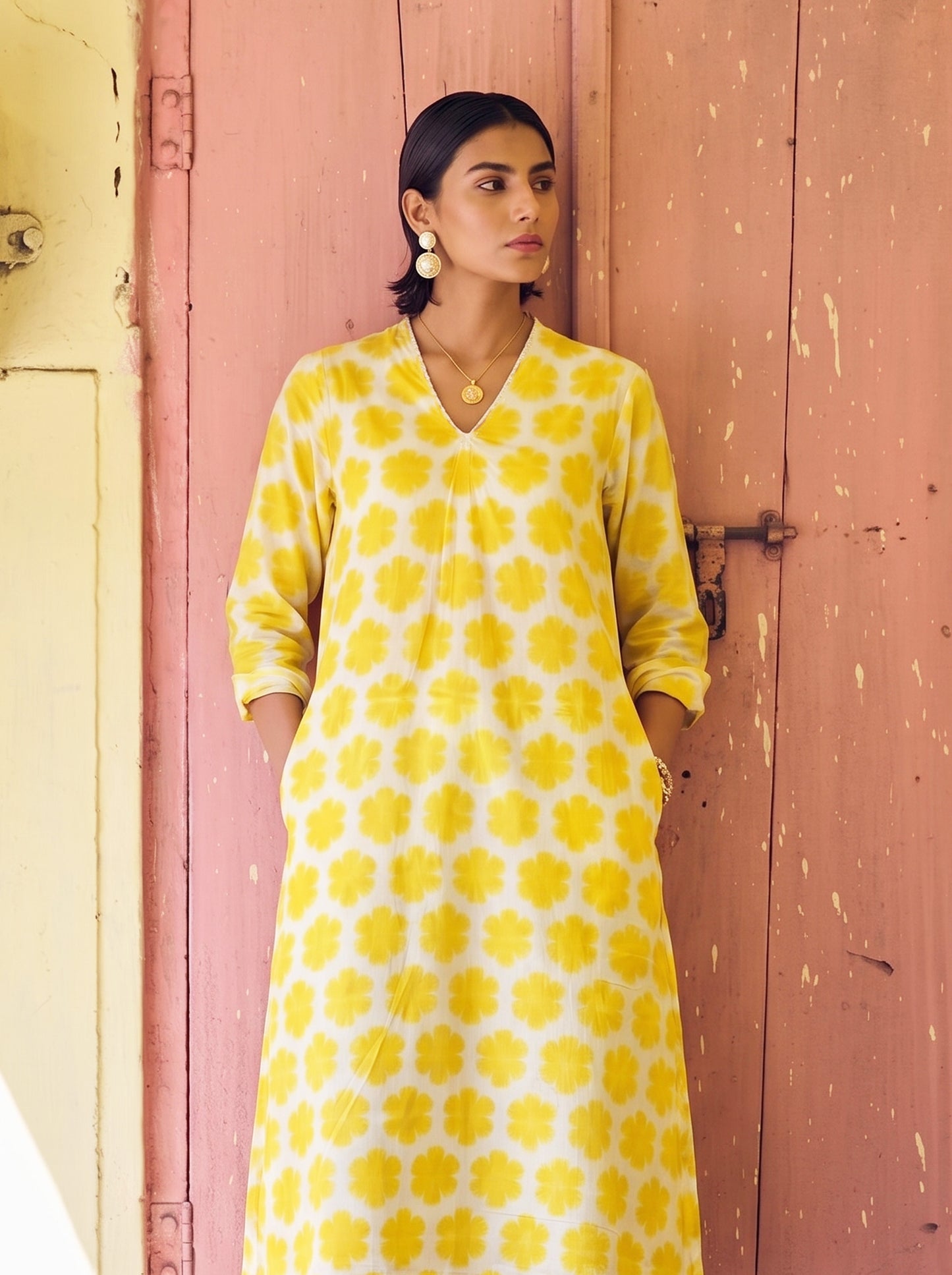 BAHAR– Yellow Printed A-Line Kurta Set