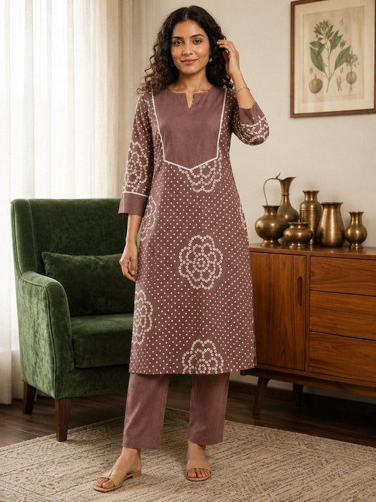 Bandhani - Dark English Brown Kurta Set