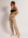 Dark Beige Denim Straight Fit Wide Leg Jeans