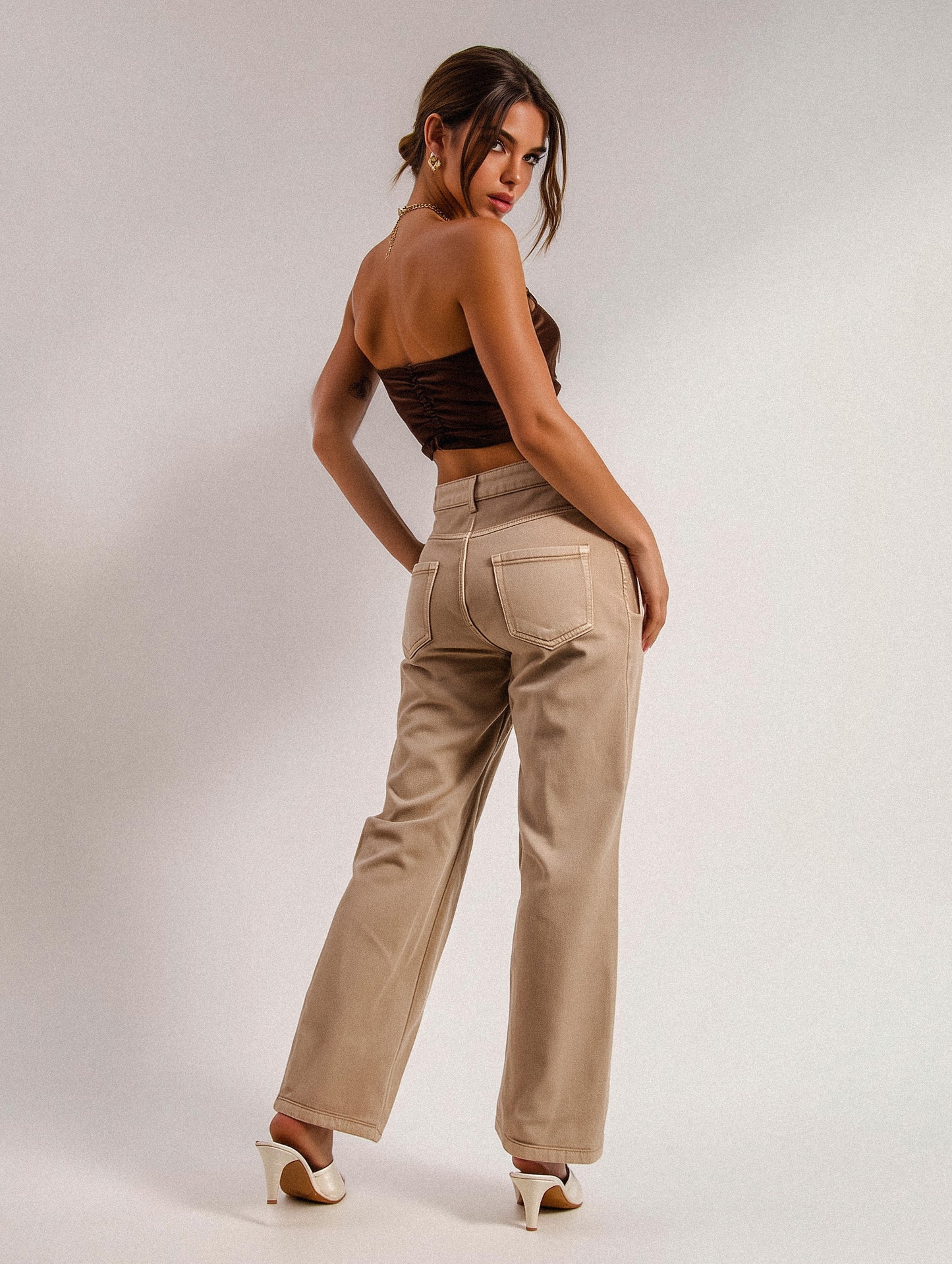 Dark Beige Denim Straight Fit Wide Leg Jeans