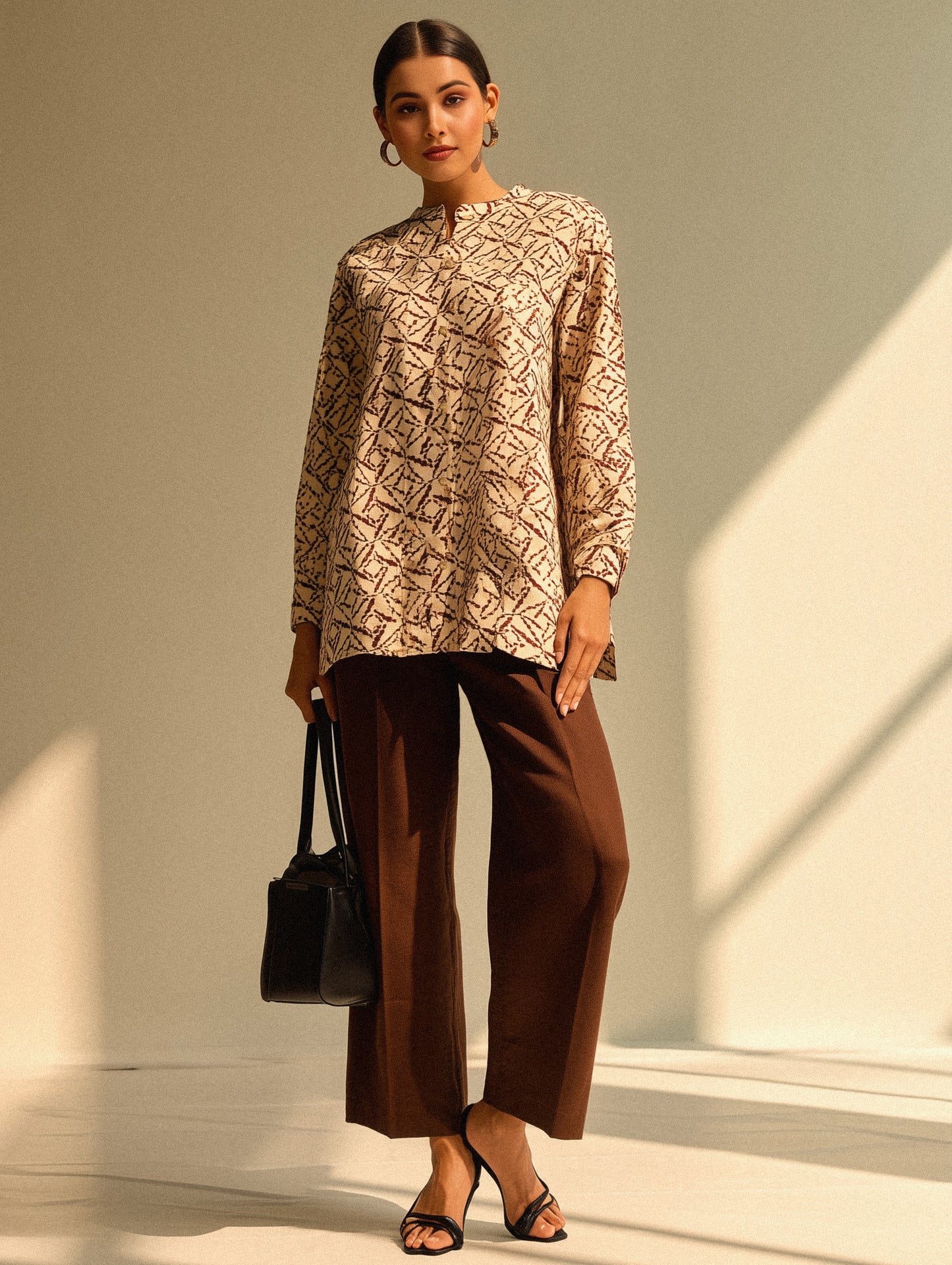 Printed Beige Mandarin Collar Shirt
