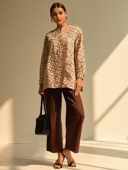 Printed Beige Mandarin Collar Shirt