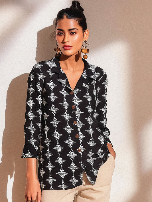 Black Tribal Print Lapel Collar Shirt