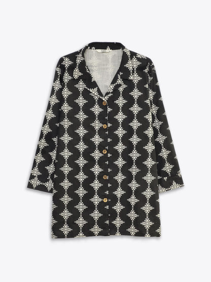 Black Tribal Print Lapel Collar Shirt