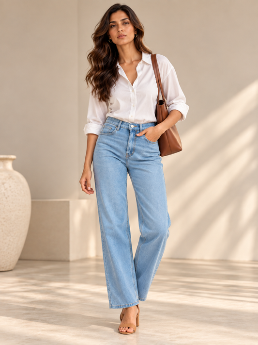 Blue Denim Straight Fit Wide Leg Jeans