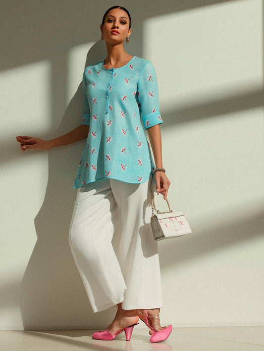 Blue Embroidered Cotton Top