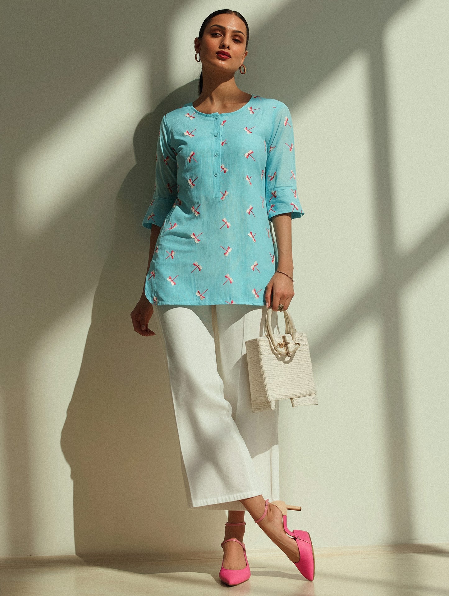 Blue Embroidered Cotton Top
