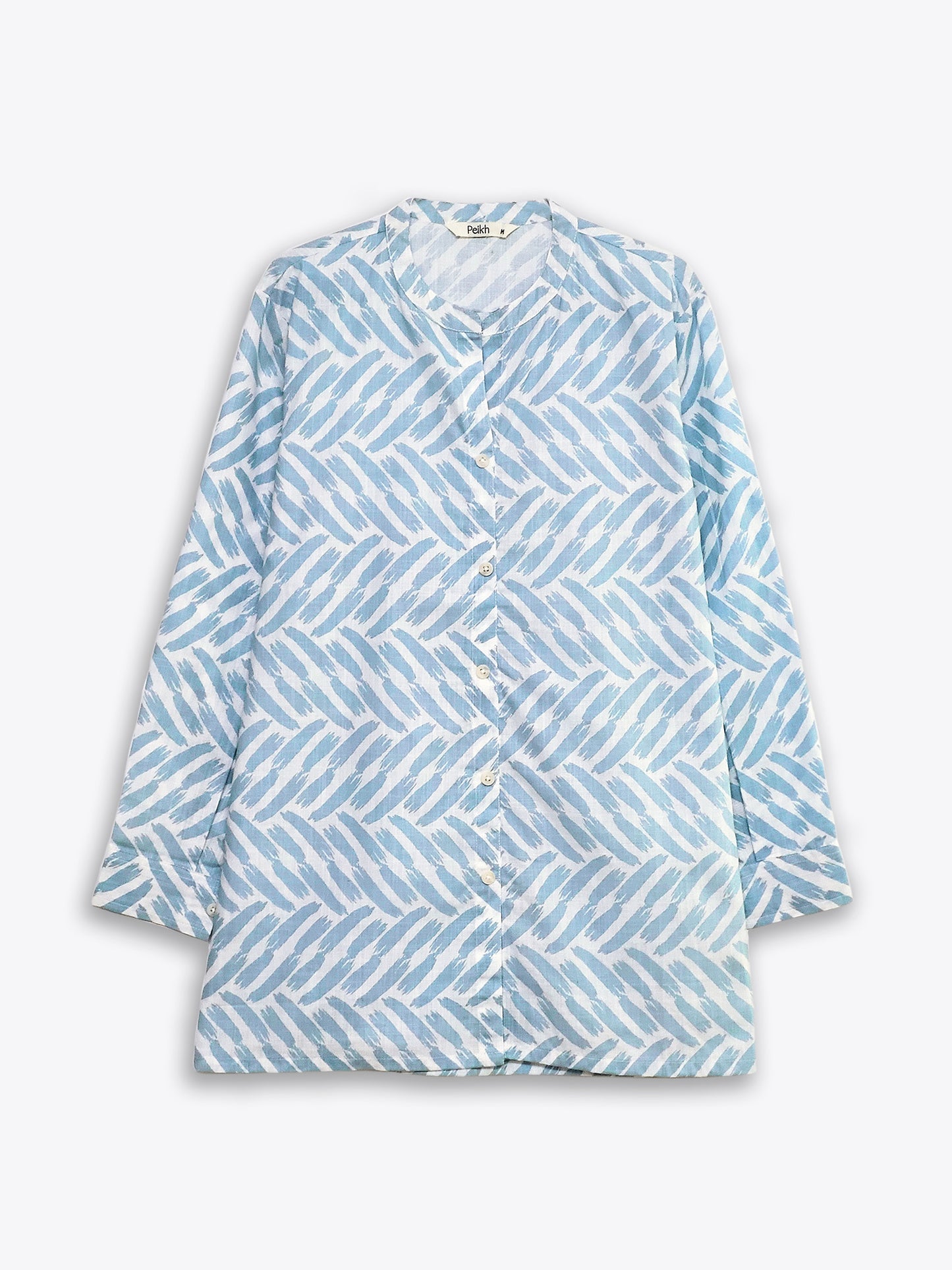 Printed Blue Mandarin Collar Shirt