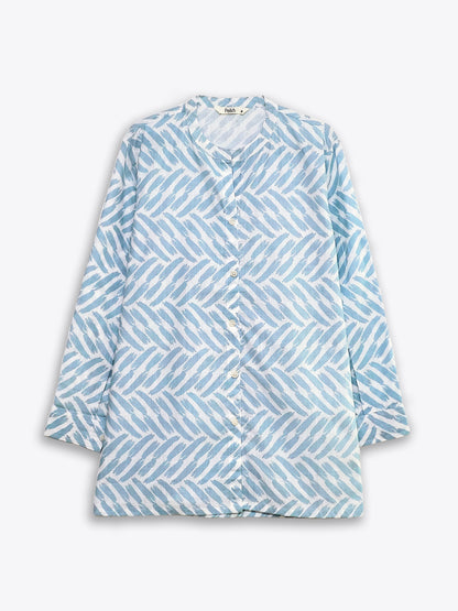 Printed Blue Mandarin Collar Shirt
