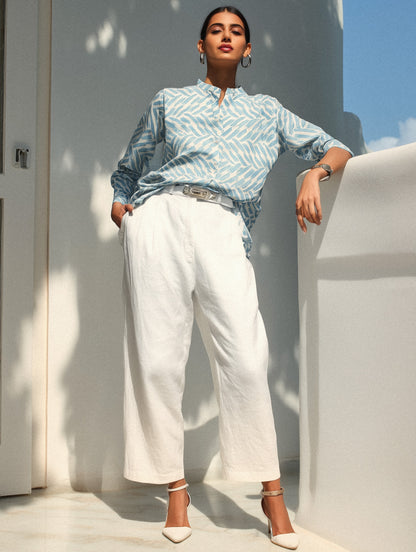 Printed Blue Mandarin Collar Shirt
