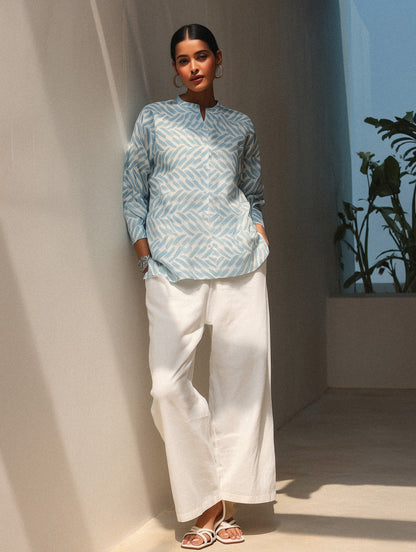 Printed Blue Mandarin Collar Shirt