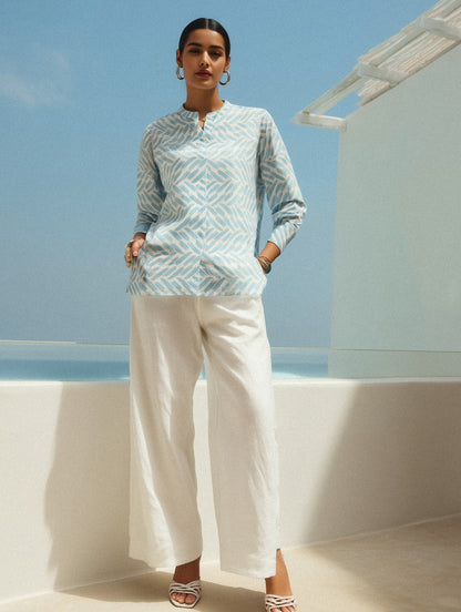 Printed Blue Mandarin Collar Shirt