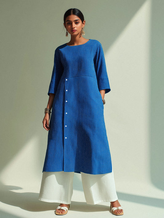 Blue Kantha Embroidered Cotton A-Line Kurta Set