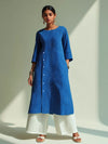 Blue Kantha Embroidered Cotton A-Line Kurta Set