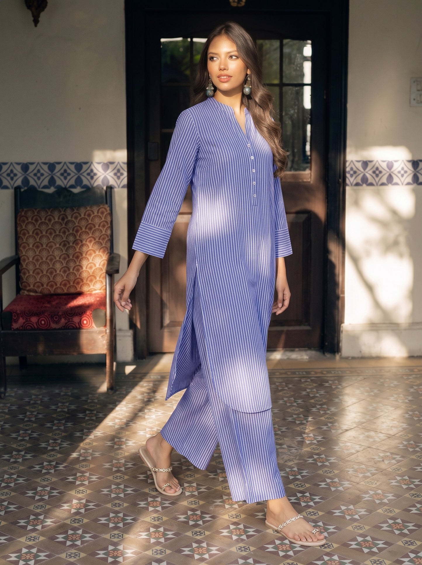 English Blue Stripes Kurta Set