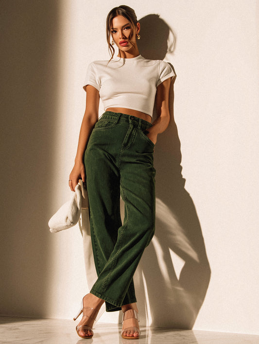 Bottle Green Denim Straight Fit Wide Leg Jeans