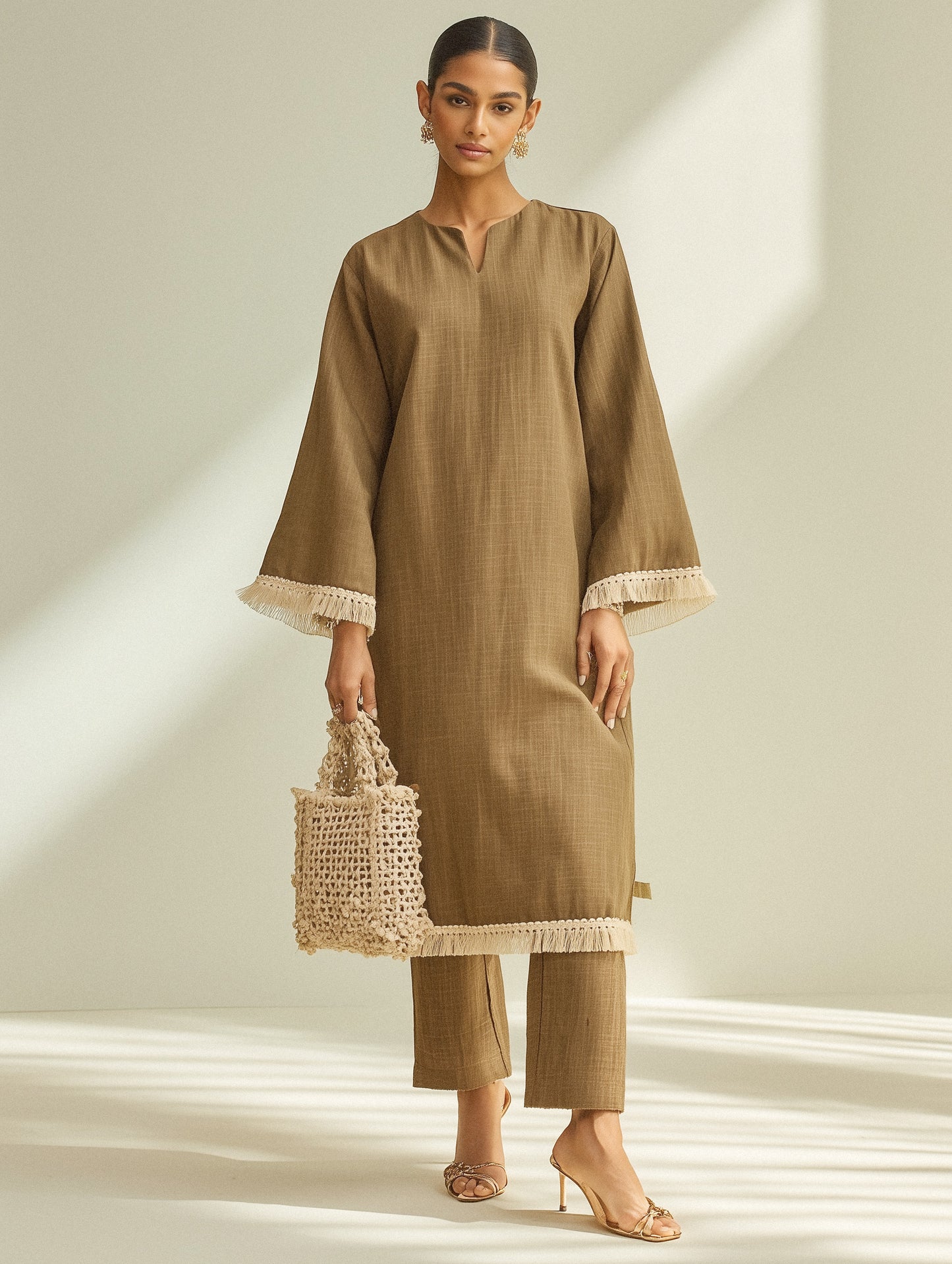 Camel Brown Embellished Cotton Straight Kurta Set