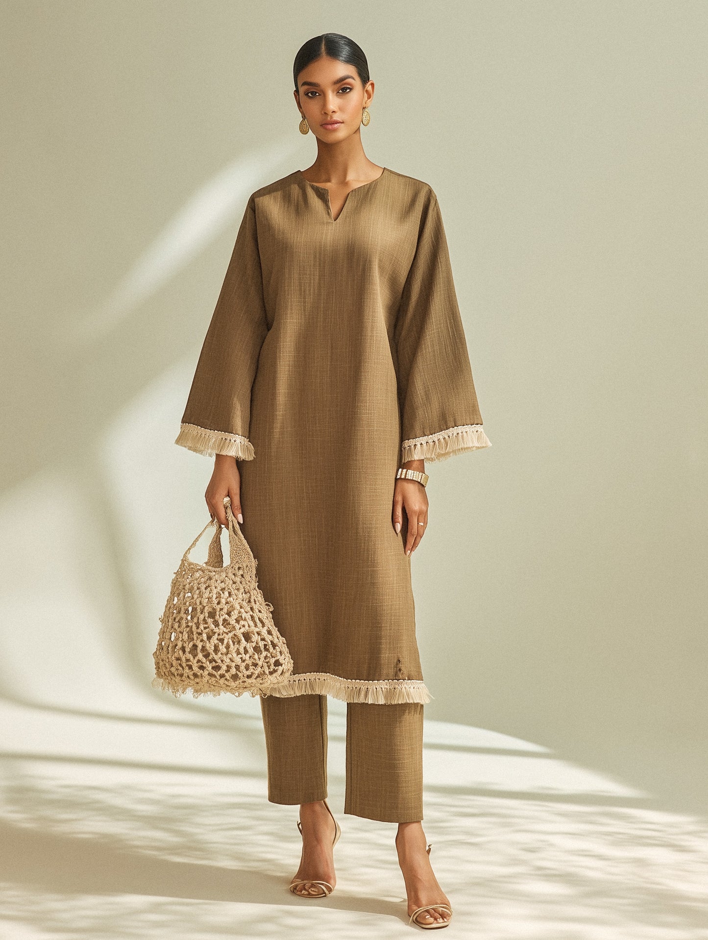 Camel Brown Embellished Cotton Straight Kurta Set