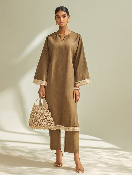 Camel Brown Embellished Cotton Straight Kurta Set