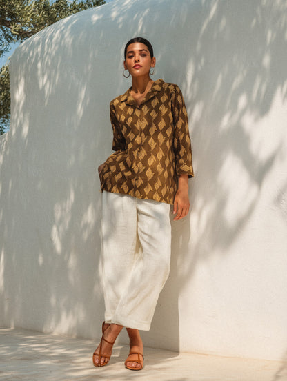 Brown Printed Lapel Collar Shirt