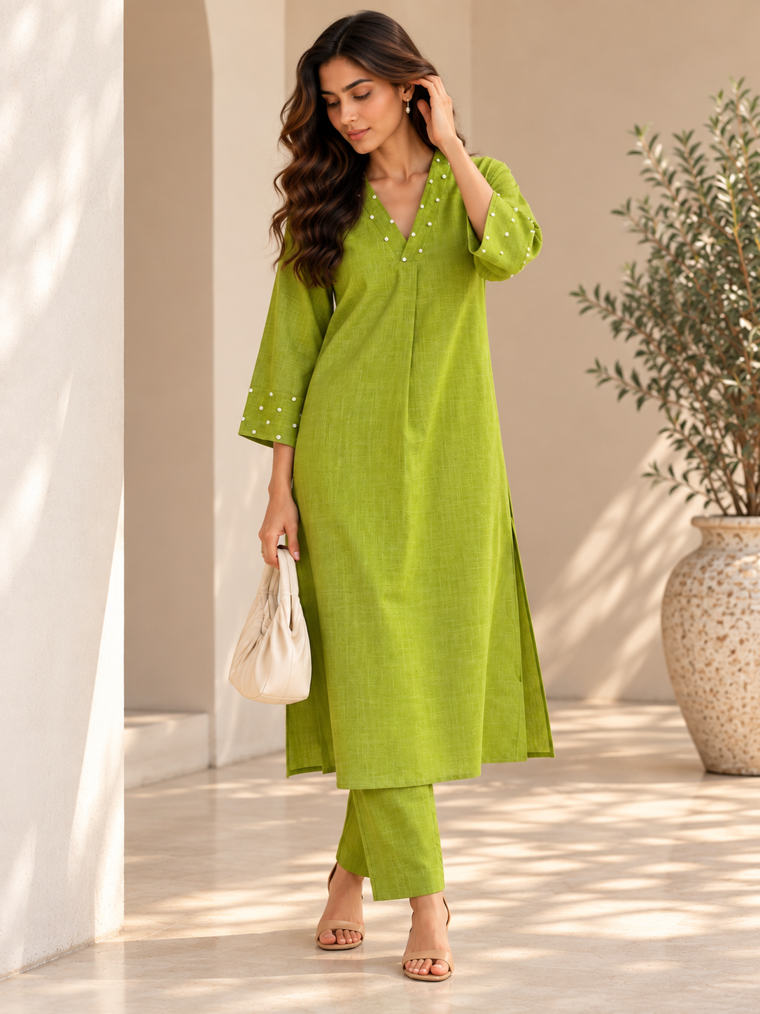 Lime Green Pearl Work V-Neck Cotton Kurta Set