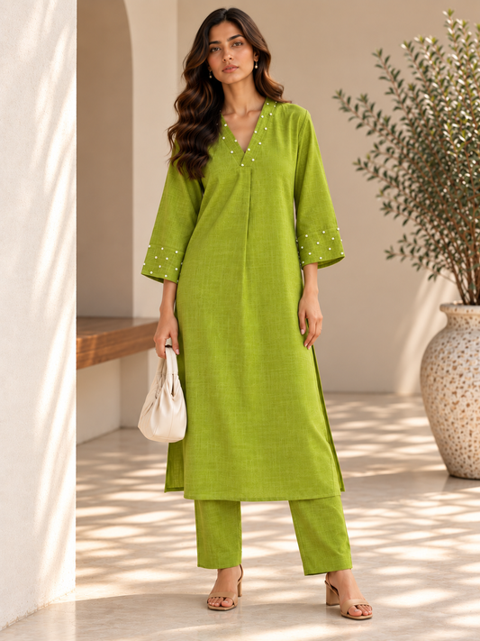 Lime Green Pearl Work V-Neck Cotton Kurta Set