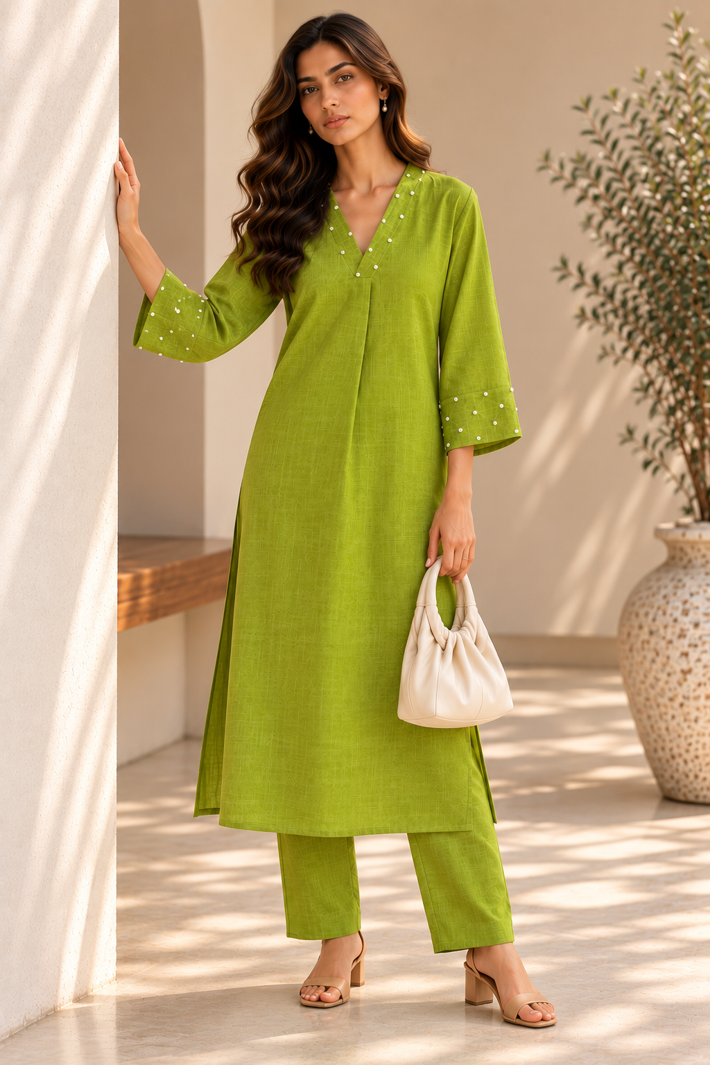 Lime Green Pearl Work V-Neck Cotton Kurta Set