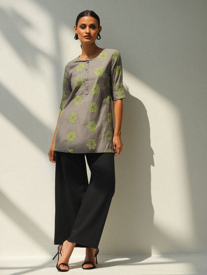 Grey Embroidered Cotton Top