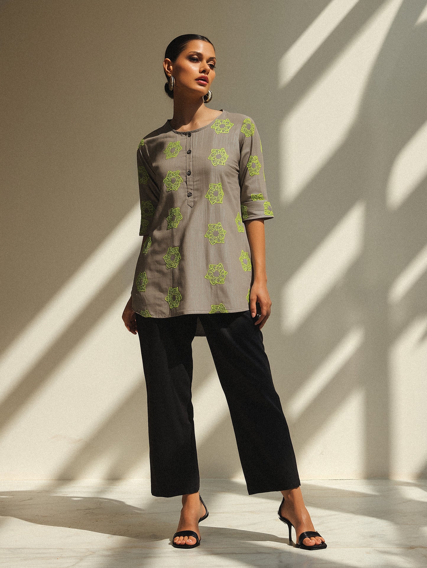 Grey Embroidered Cotton Top