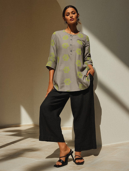 Grey Embroidered Cotton Top
