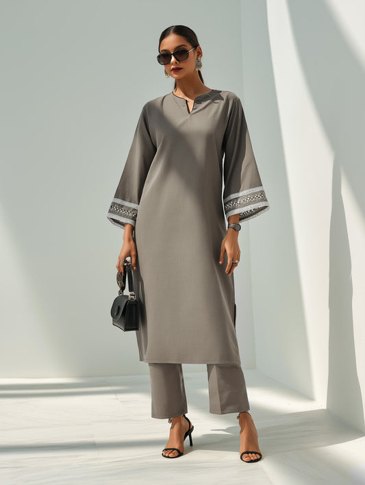 English Grey Embellished Cotton Kurta Set