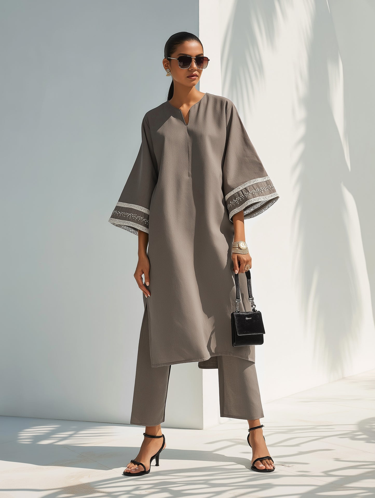 English Grey Embellished Cotton Kurta Set