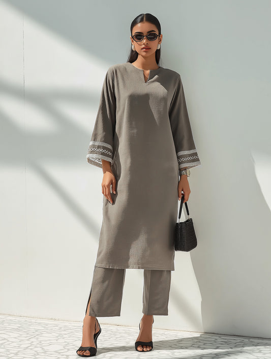 English Grey Embellished Cotton Kurta Set