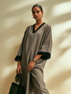 English Grey Embellished V-Neck Cotton Kurta Set