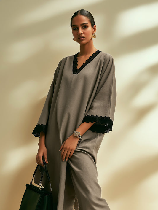 English Grey Embellished V-Neck Cotton Kurta Set