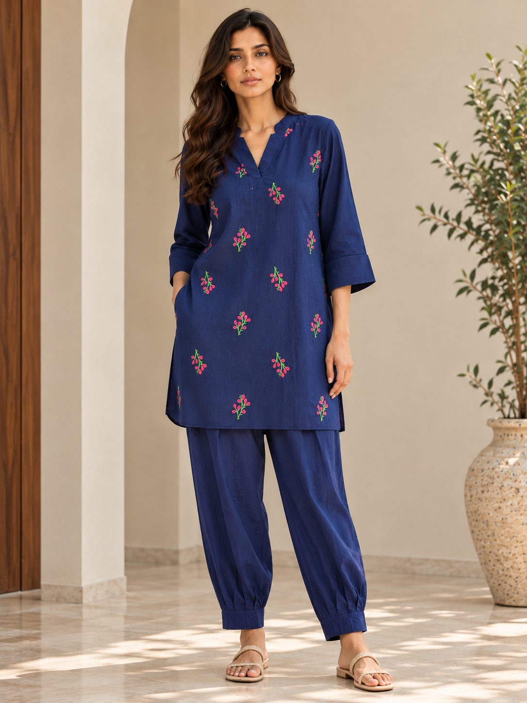 GUL - Navy Embroidered Mid-Length Kurta Set