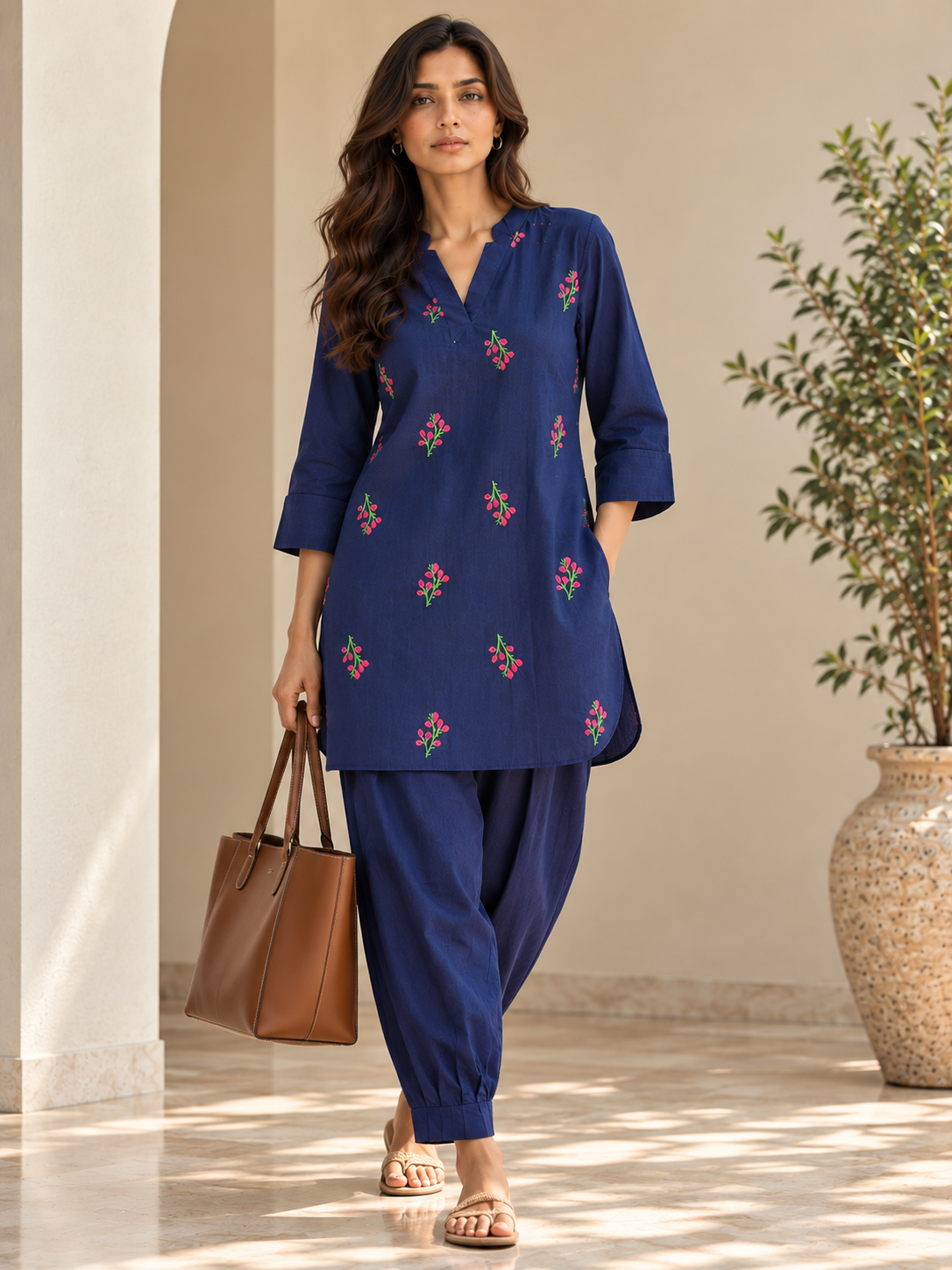 GUL - Navy Embroidered Mid-Length Kurta Set