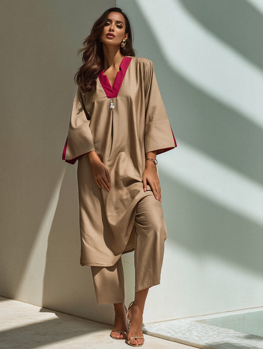 SAHRA Sand Kurta Set with Rose Neckline