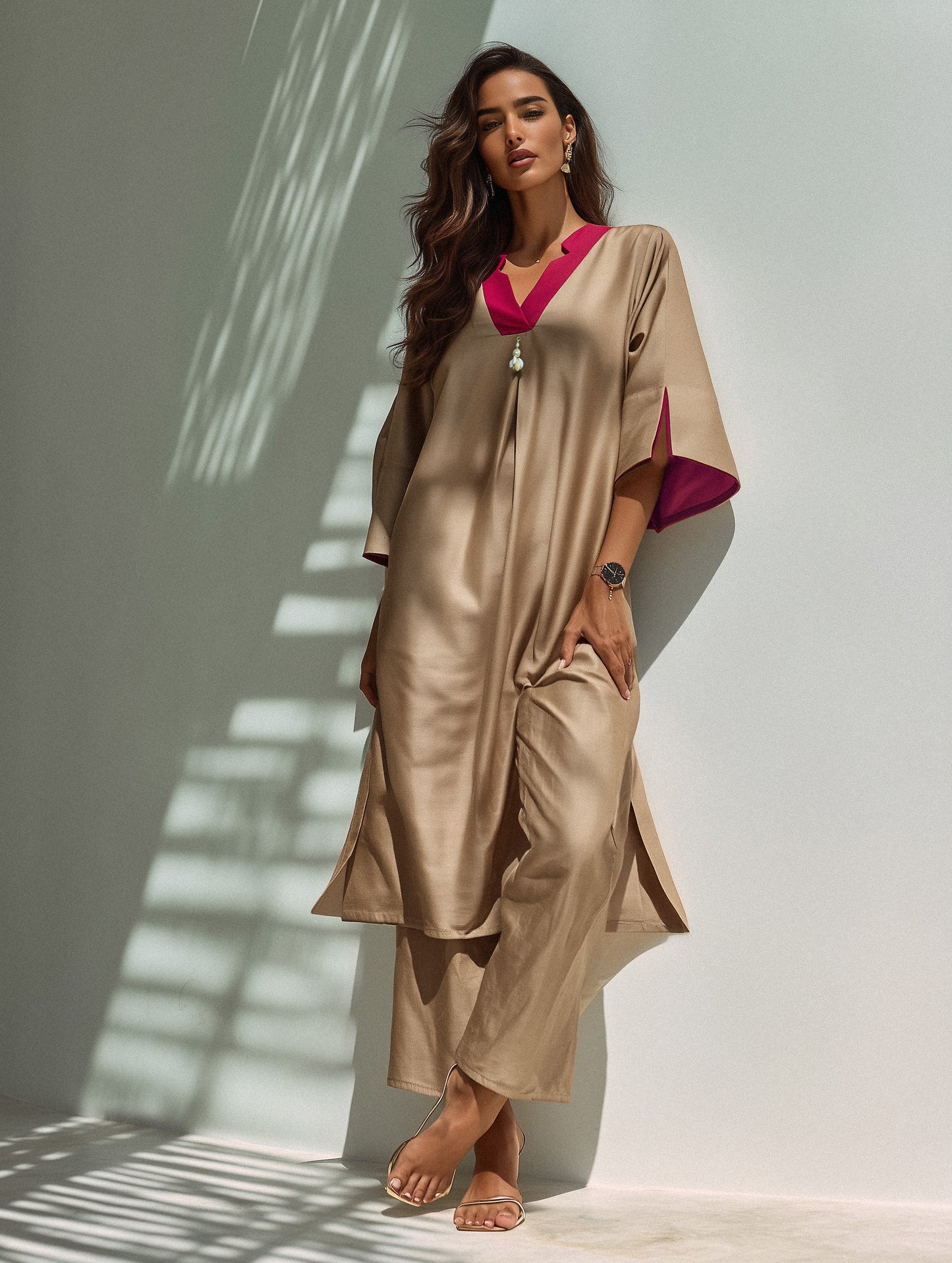 SAHRA Sand Kurta Set with Rose Neckline
