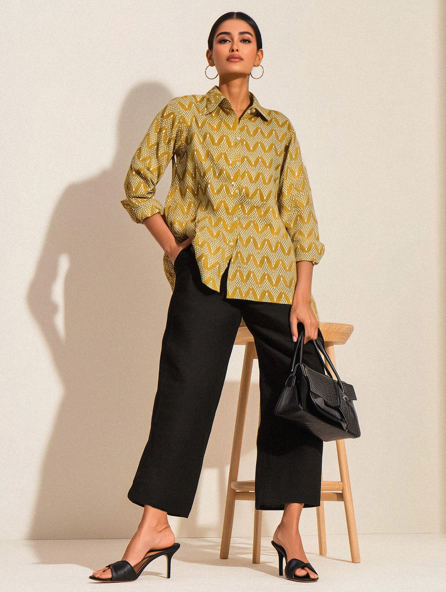 Khaki Zigzag Print Linen Shirt