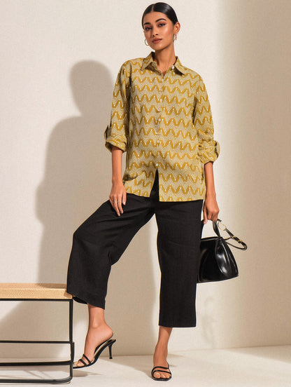 Khaki Zigzag Print Linen Shirt