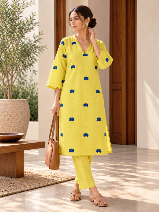 Lemon Yellow Embroidered Cotton Kurta Set