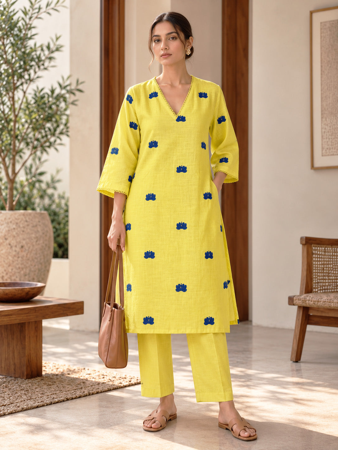 Lemon Yellow Embroidered Cotton Kurta Set