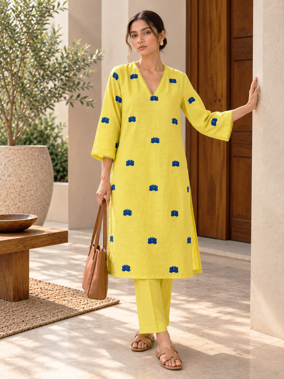 Lemon Yellow Embroidered Cotton Kurta Set