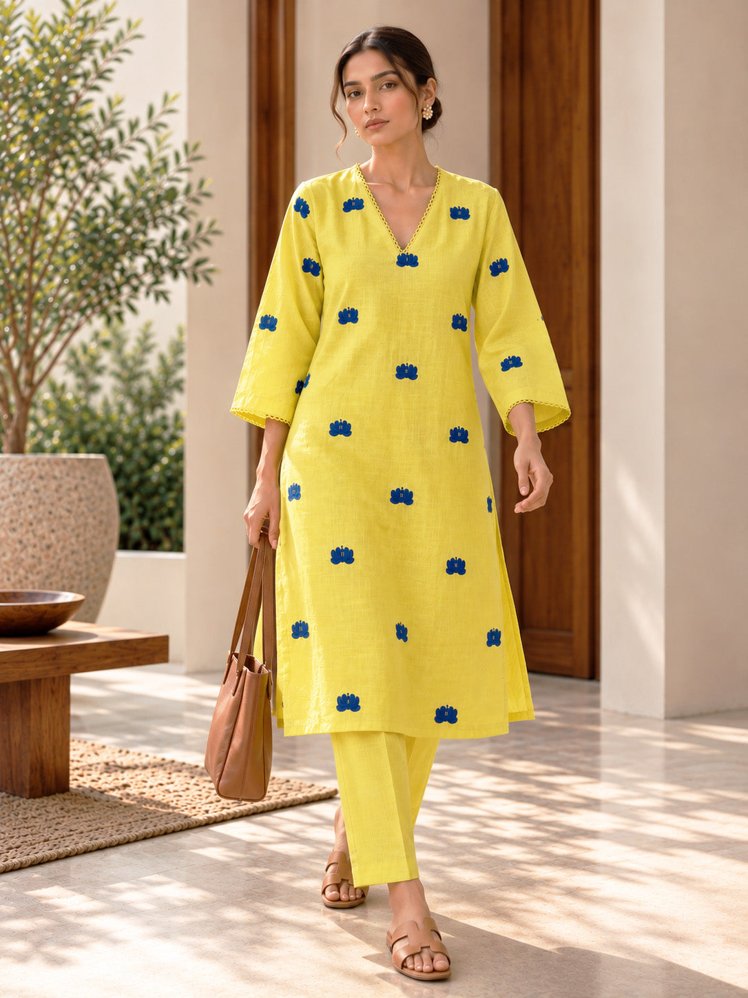 Lemon Yellow Embroidered Cotton Kurta Set
