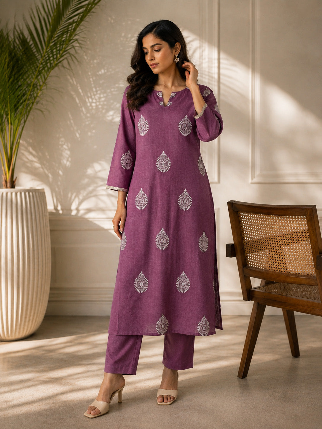 Mauve Embroidered Teardrop Paisley Kurta Set