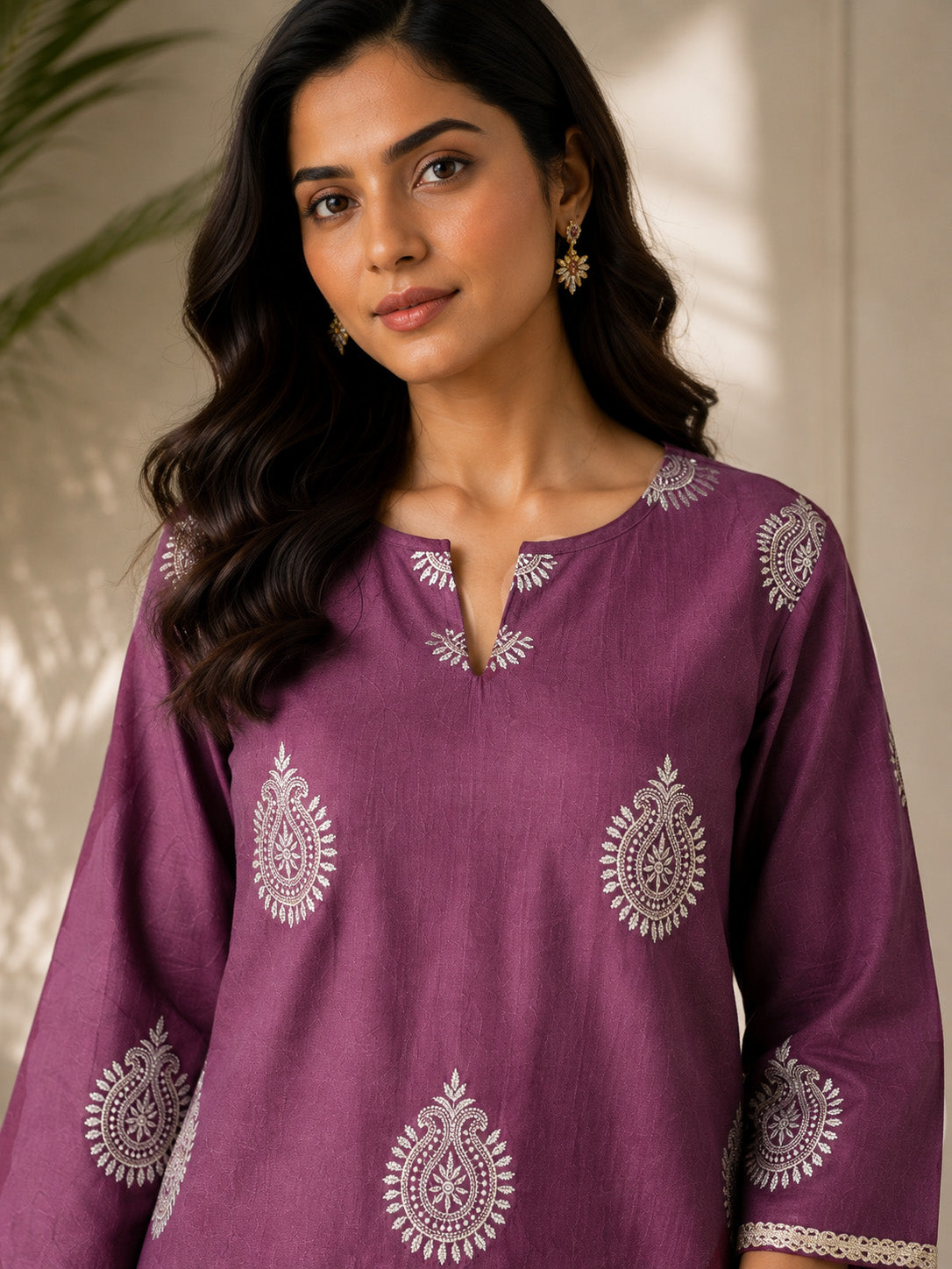 Mauve Embroidered Teardrop Paisley Kurta Set