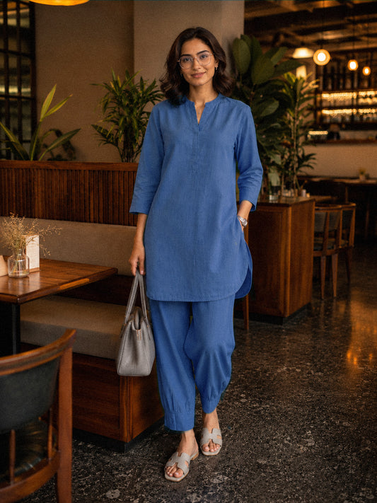Mandarin Collar Mid-Length Kurta Set – Cobalt Blue