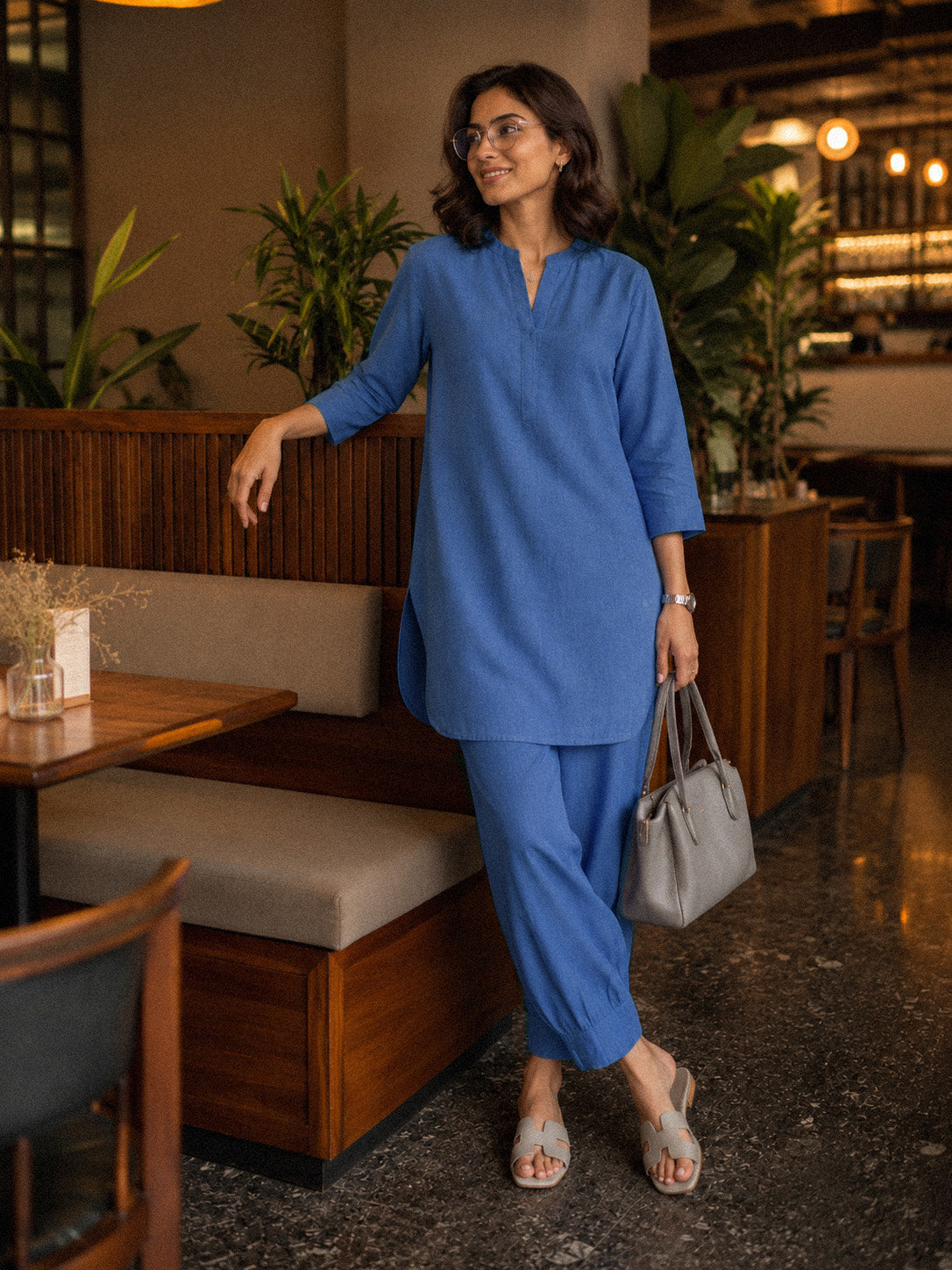 Mandarin Collar Mid-Length Kurta Set – Cobalt Blue